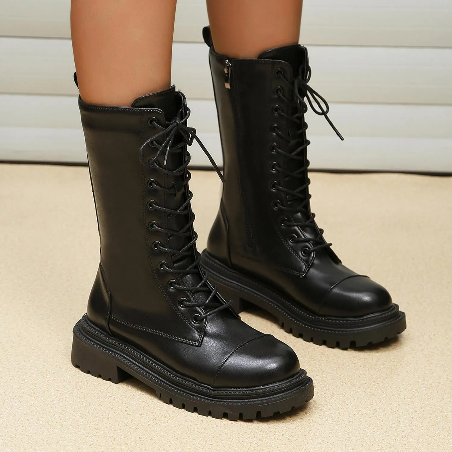 Women's Lug Sole Combat Ankle Bootie Lace up Low Chunky Block heels Side Zipper Boots Fashion Causal Shoes Chunky Combat Mid