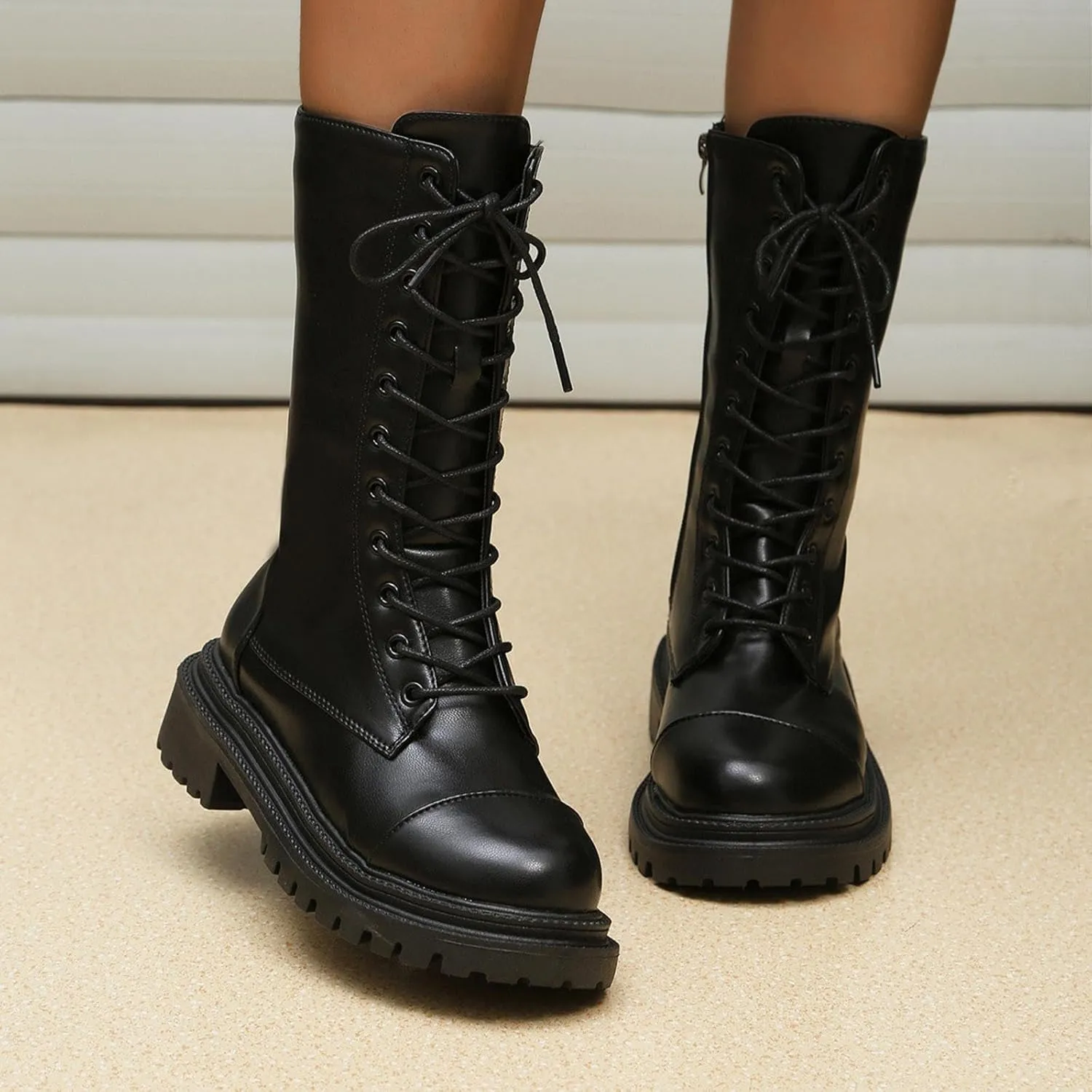 Women's Lug Sole Combat Ankle Bootie Lace up Low Chunky Block heels Side Zipper Boots Fashion Causal Shoes Chunky Combat Mid