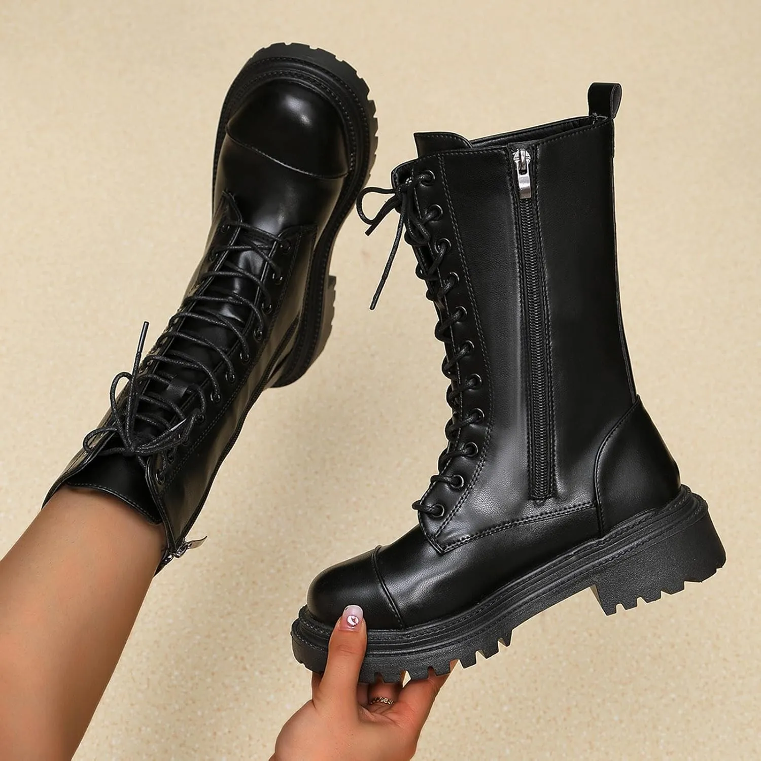 Women's Lug Sole Combat Ankle Bootie Lace up Low Chunky Block heels Side Zipper Boots Fashion Causal Shoes Chunky Combat Mid