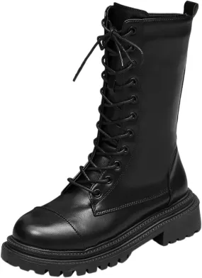 Women's Lug Sole Combat Ankle Bootie Lace up Low Chunky Block heels Side Zipper Boots Fashion Causal Shoes Chunky Combat Mid