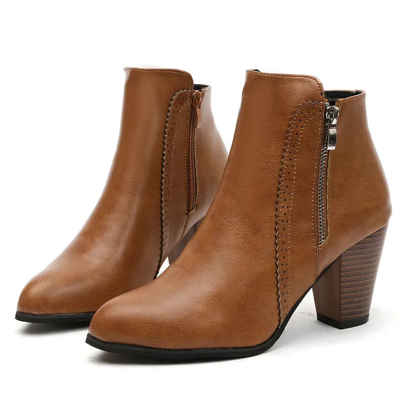 Women's retro brown chunky heels ankle boots