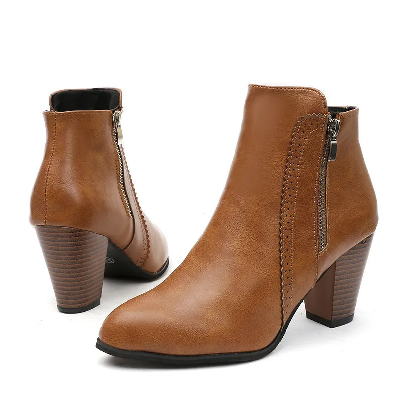Women's retro brown chunky heels ankle boots