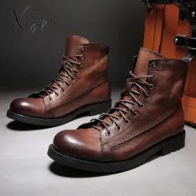 Xajzpa - British Style Tooling Boots Mens Color Rubbing Martin Boots Retro Fashion Black Work Shoes Oversized Male Motorcycle Boots